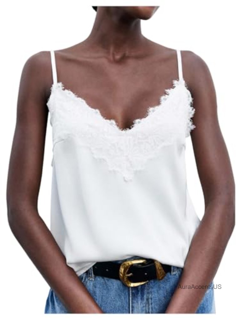 Satin Lace Deep V Neck Spaghetti Strap Camisole Top
